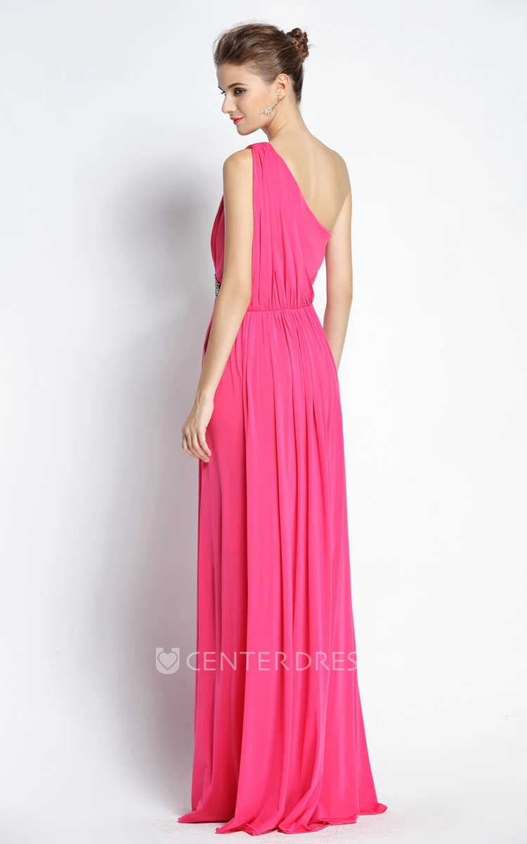 Floor-length Sleeveless A-Line One-shoulder Chiffon Prom Dress with Beading and Pleats