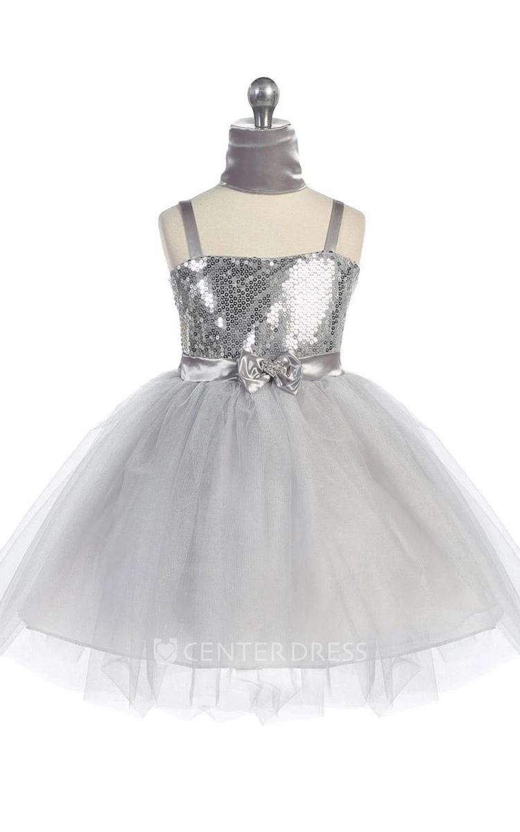 Cape Midi Beaded Tiered Tulle&Sequins Flower Girl Dress With Ribbon