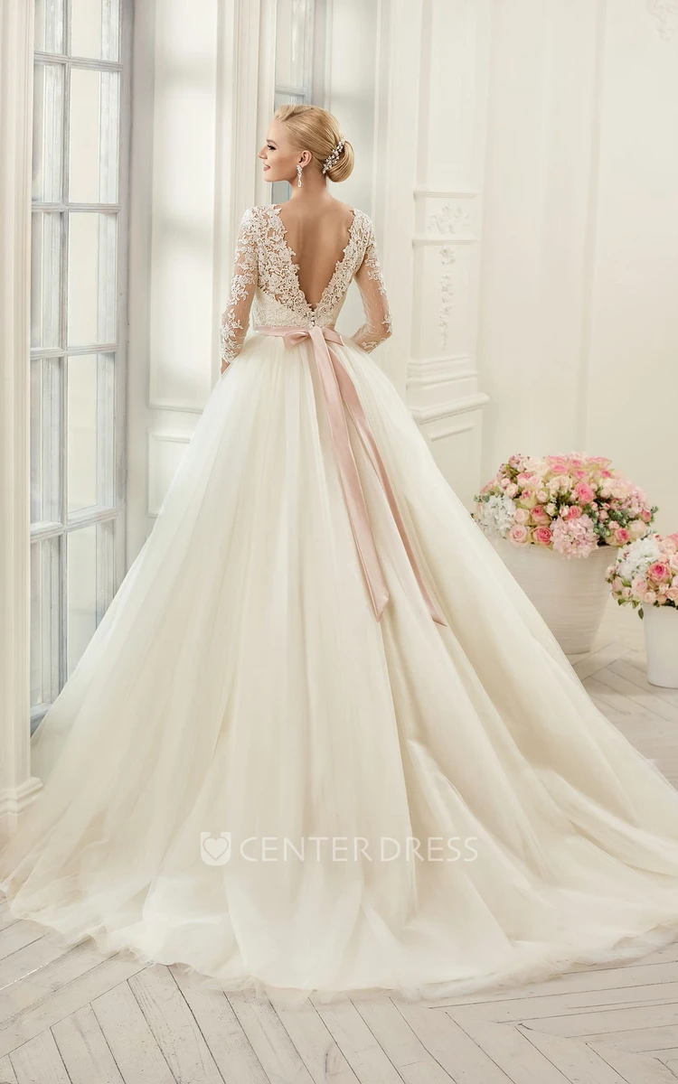 Ball Gown Long Bateau Long-Sleeve Deep-V-Back Tulle Lace Dress With Appliques And Waist Jewellery