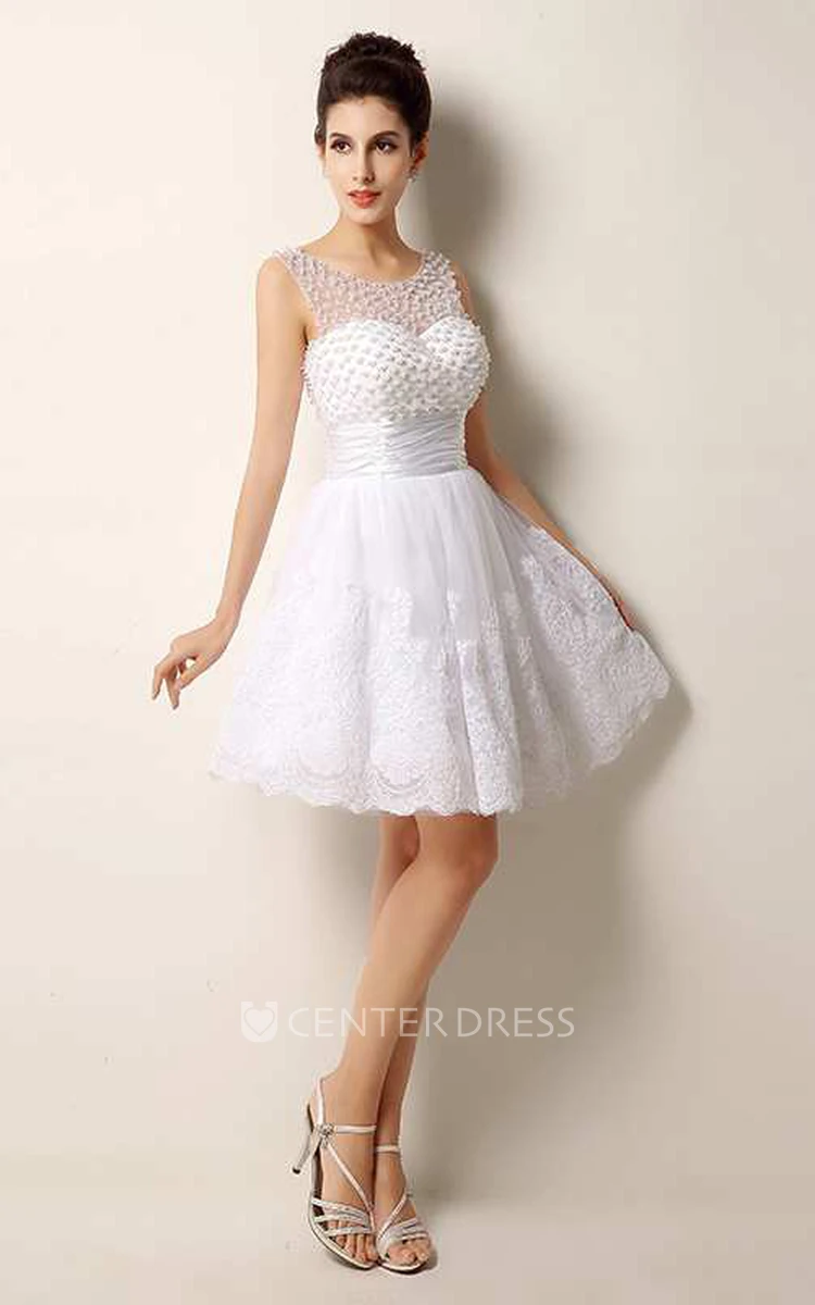 Strapless Scoop Neck Ruched Short Lace Dress