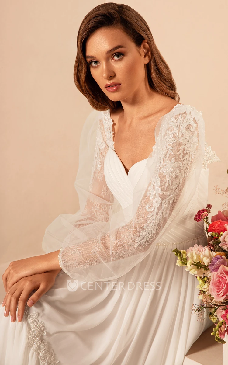 Ethereal Chiffon Long Sleeve Illusion A Line Wedding Dress with Criss Cross