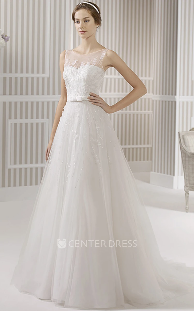 A-Line Scoop Sleeveless Appliqued Floor-Length Tulle&Satin Wedding Dress