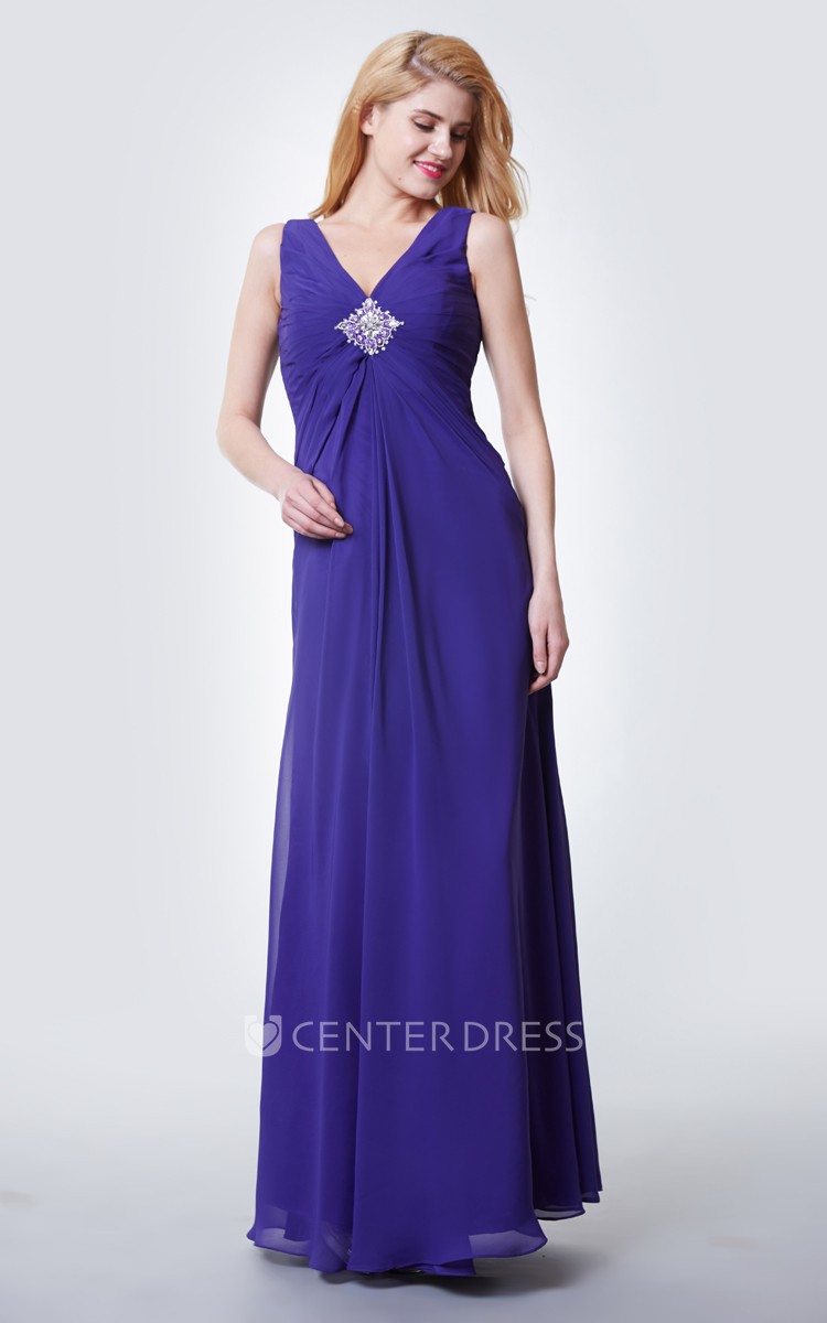 Wonderful V Neck Ruched Empire Waist Long Chiffon Dress With Beaded Brooch  - UCenter Dress