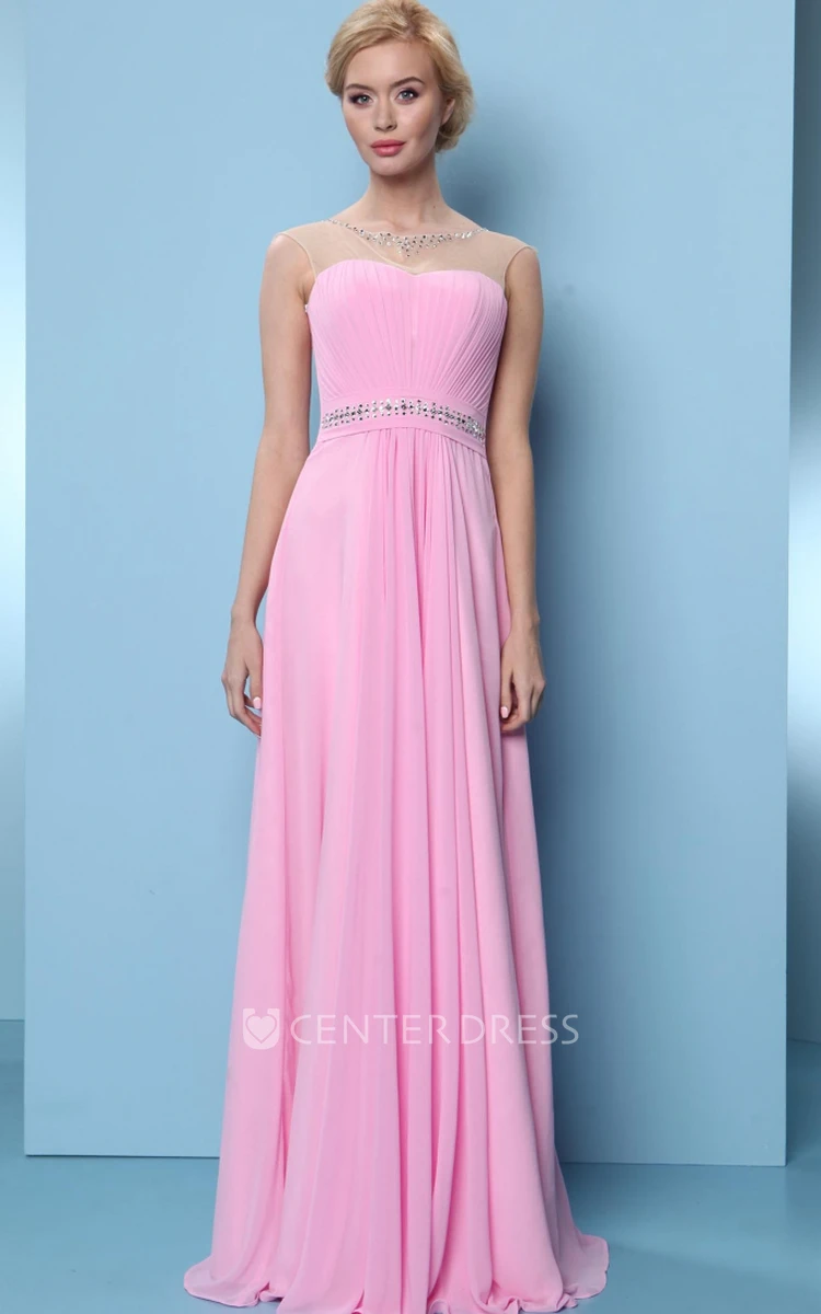 A-Line Sleeveless Beaded Scoop-Neck Long Chiffon Bridesmaid Dress With Ruching