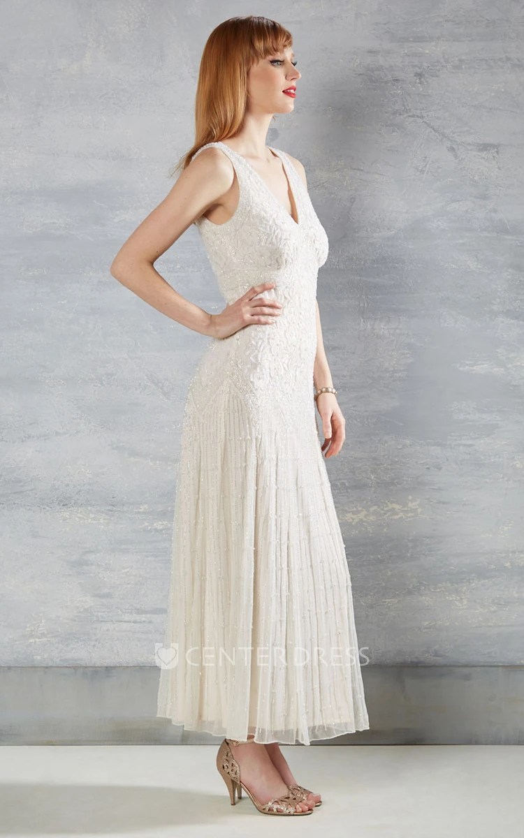 Sheath Sleeveless V-Neck Ankle-Length Lace Wedding Dress With Appliques And V Back