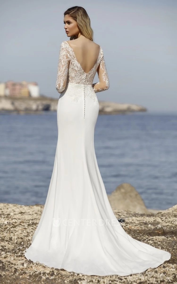 Mermaid Boho Sexy Wedding Dress V-neck with Satin Lace Beach Sweep Train Split Front