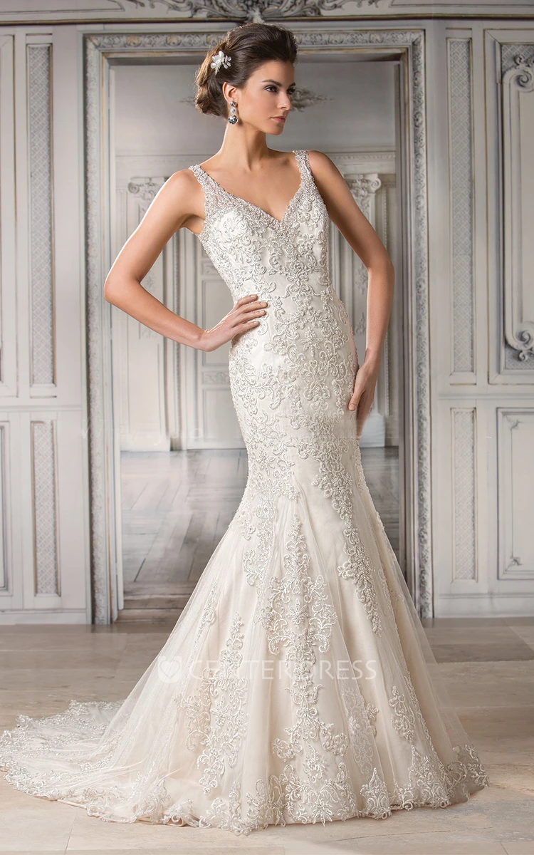 Sleeveless V-Neck Mermaid Wedding Dress With Appliques And Illusion Back