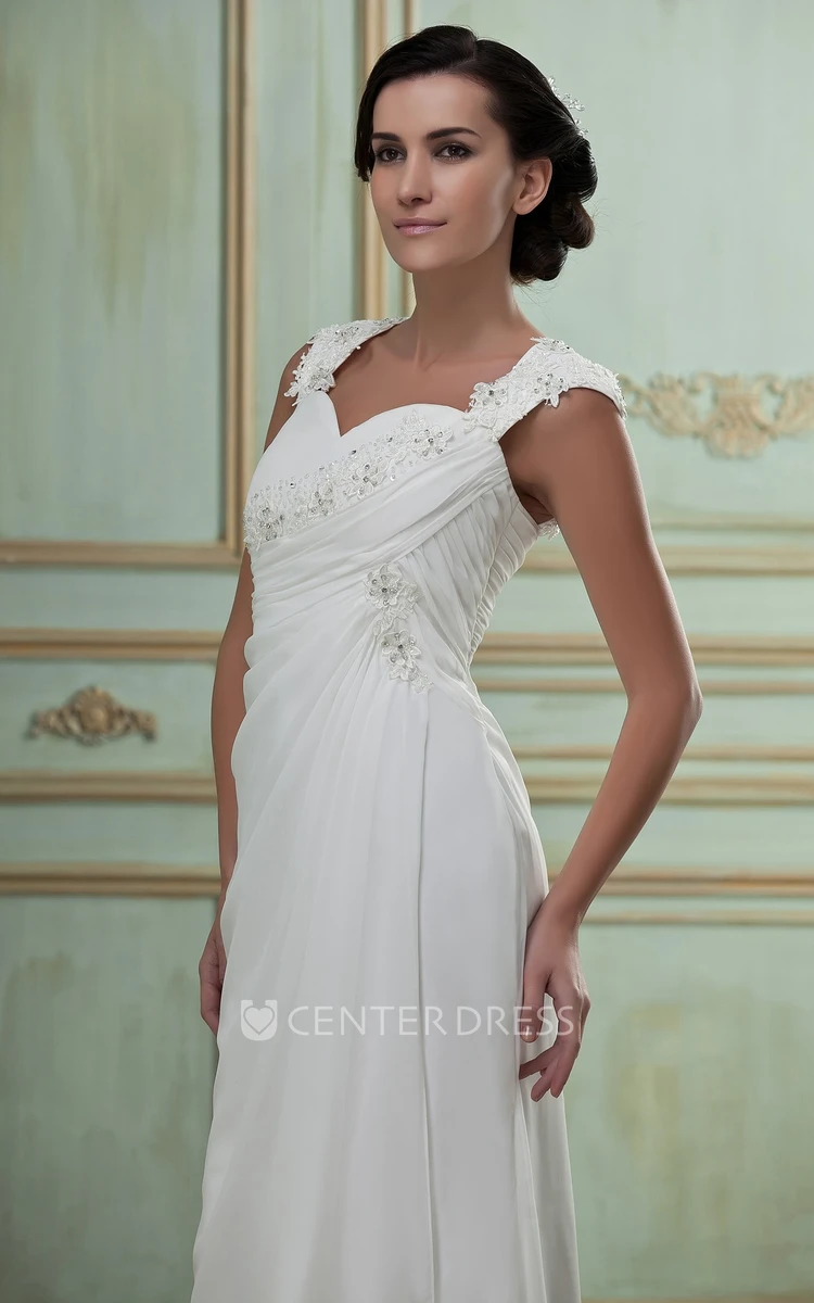 Queen Anne Cap-Sleeve Side-Ruching Chiffon Maxi Wedding Dress With Brush Train