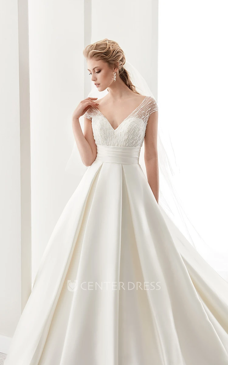V-Neck Illusion-Strap Satin A-Line Wedding Dress With Cinched Waistband And Low-V Back