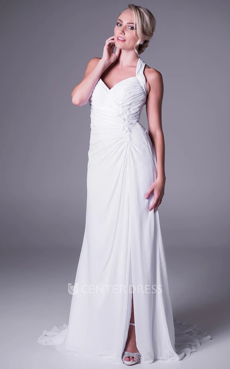 Sheath Maxi Haltered Split-Front Sleeveless Chiffon Wedding Dress With Ruching