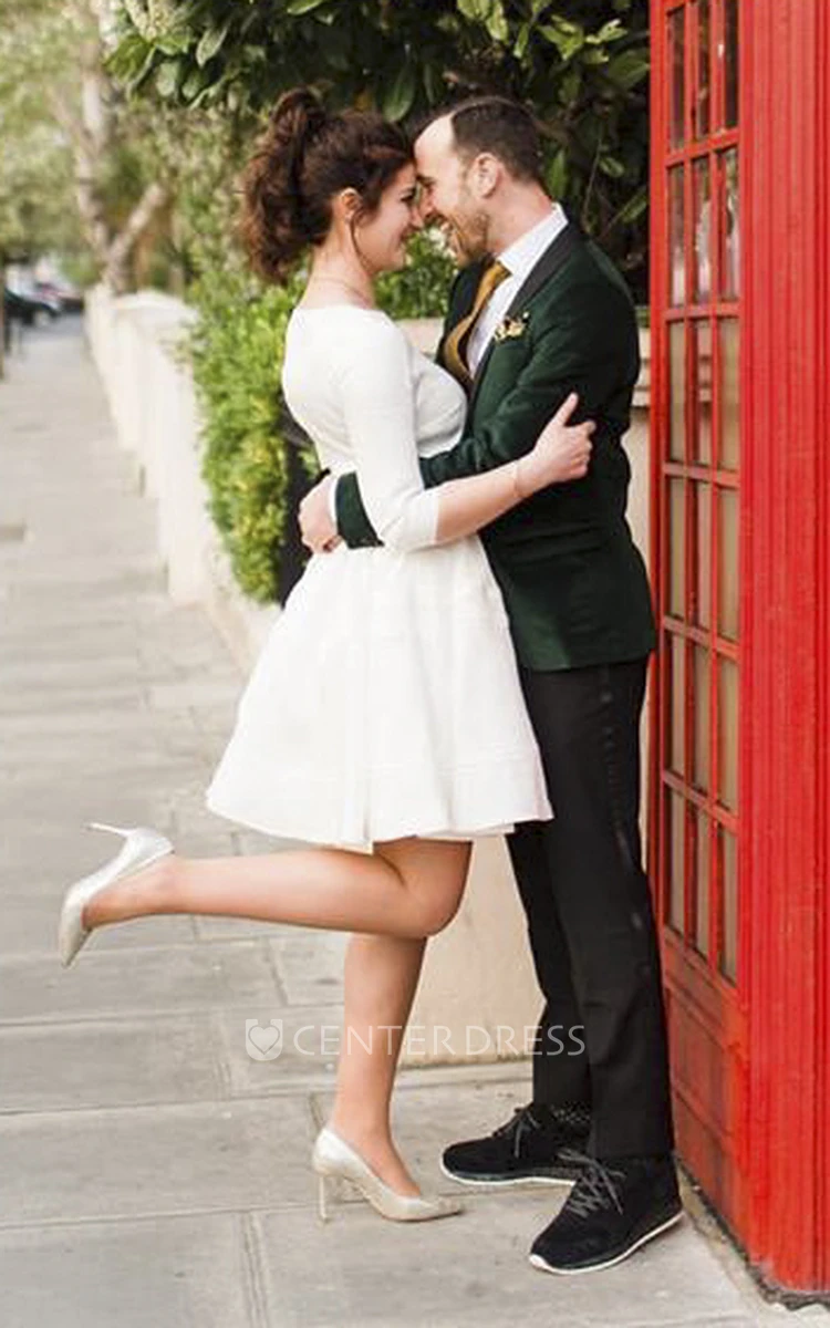 Bateau Neckline Knee Length Satin 3/4 Sleeve Wedding Dress With And Ruching