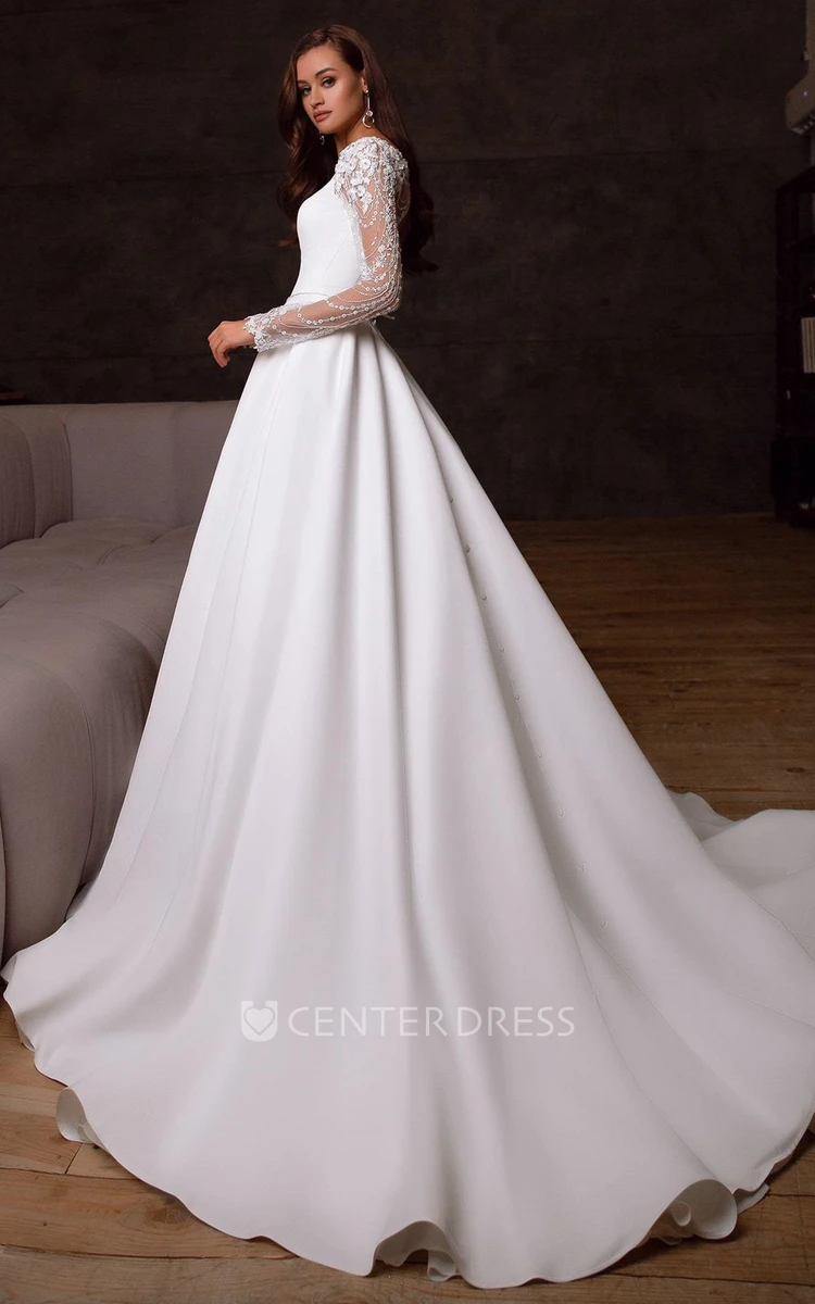 Court Train A Line Square Neck Satin Wedding Dress with Appliques and Beading