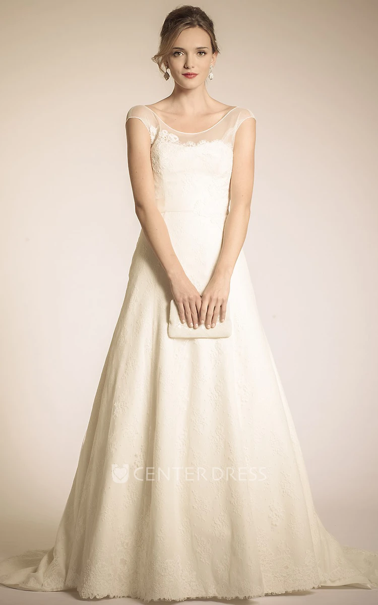 A-Line Cap-Sleeve Appliqued Maxi Scoop-Neck Lace Wedding Dress With Bow