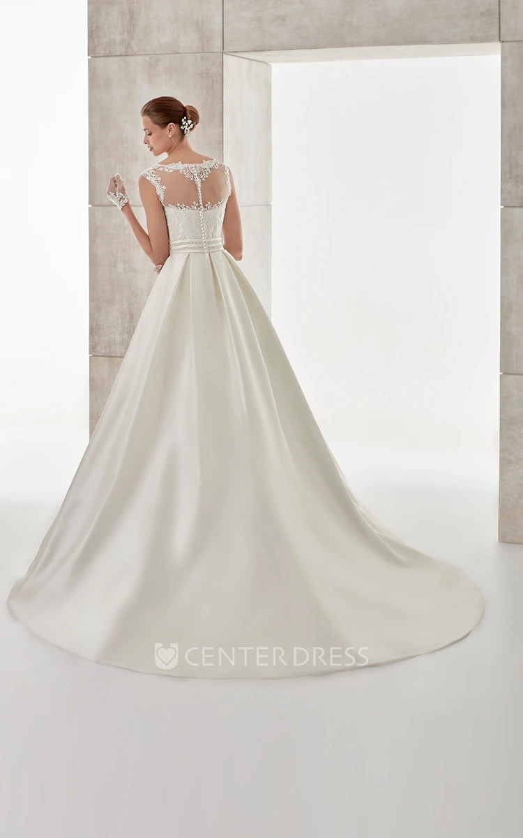 Jewel-Neck Cap-Sleeve A-Line Wedding Dress With Lace Bodice And Brush Train