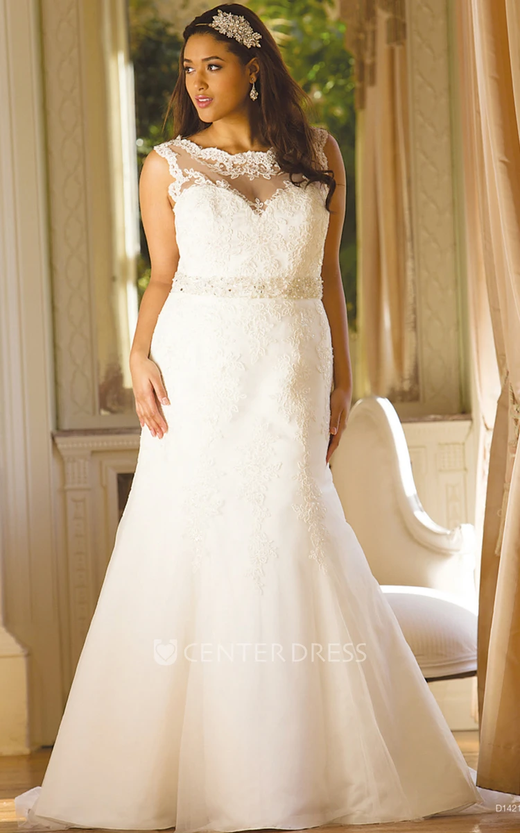 Scoop-Neck Sleeveless Jeweled Lace Plus Size Wedding Dress With Keyhole