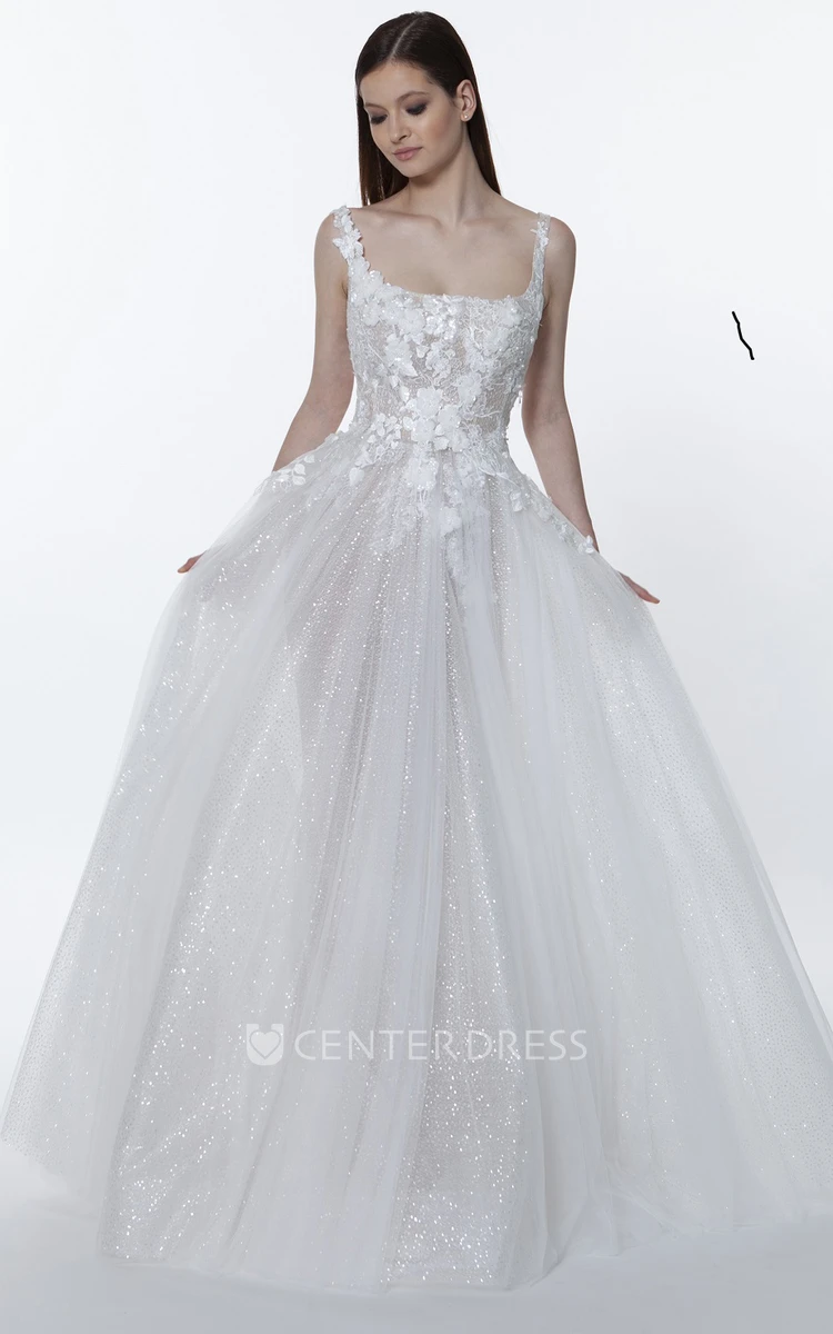Modern A Line Floor-length Sleeveless Sequins Wedding Dress with Appliques