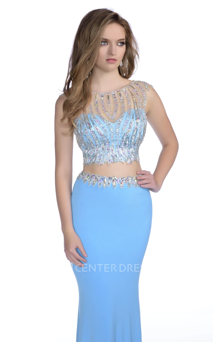 Crop Top Trumpet Sleeveless Jersey Gown With Sequins And Beaded Bodice