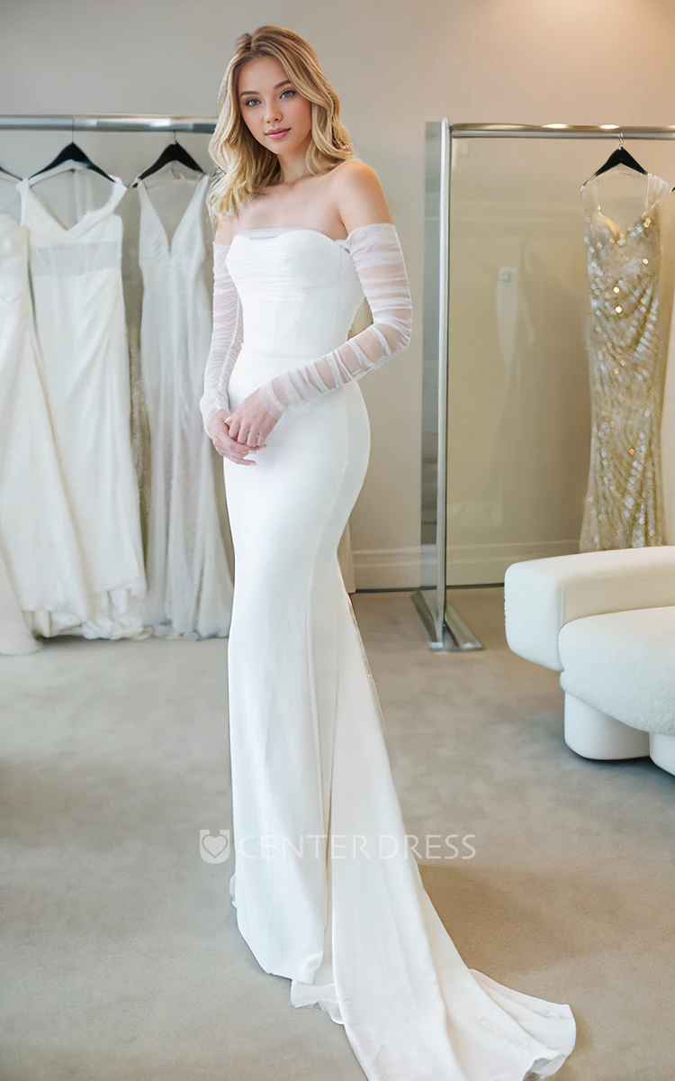 Elegant Simple Trumpet Off-the-shoulder Strapless Satin Wedding Dress Solid Sexy Beach Floor-length Bridal Gown with Button Open Back Court Train