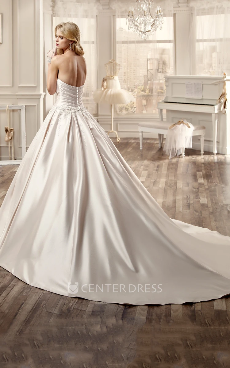 Strapless Satin Long Wedding Dress With Beading Embellishment And Chapel Train