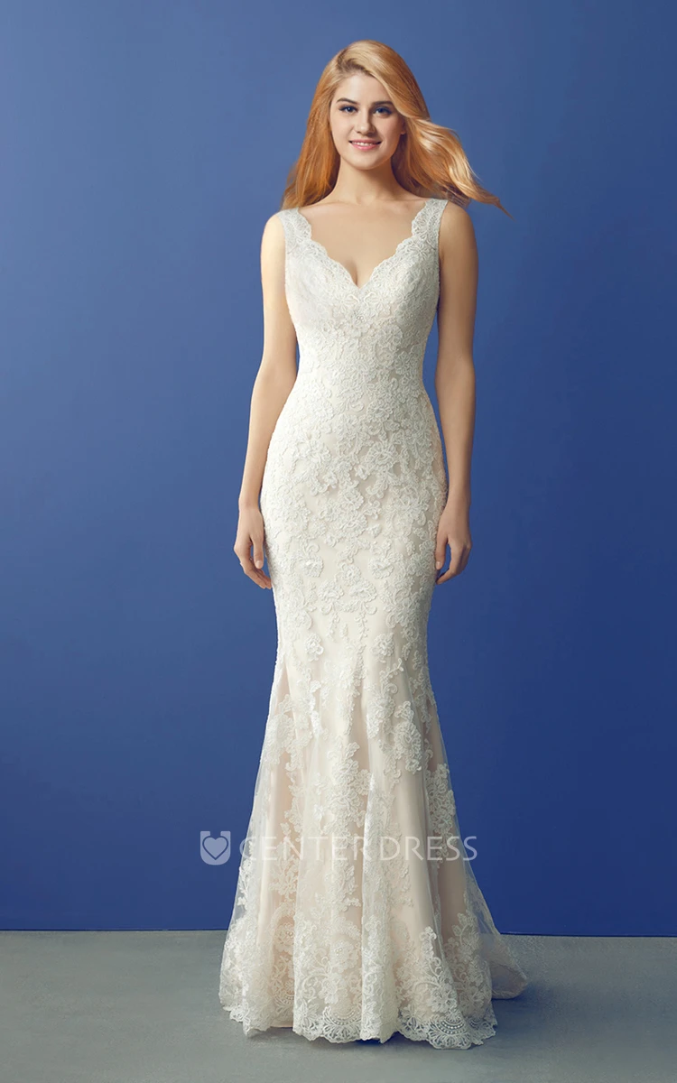 Fit and Flare Lace Wedding Dress with V Neckline
