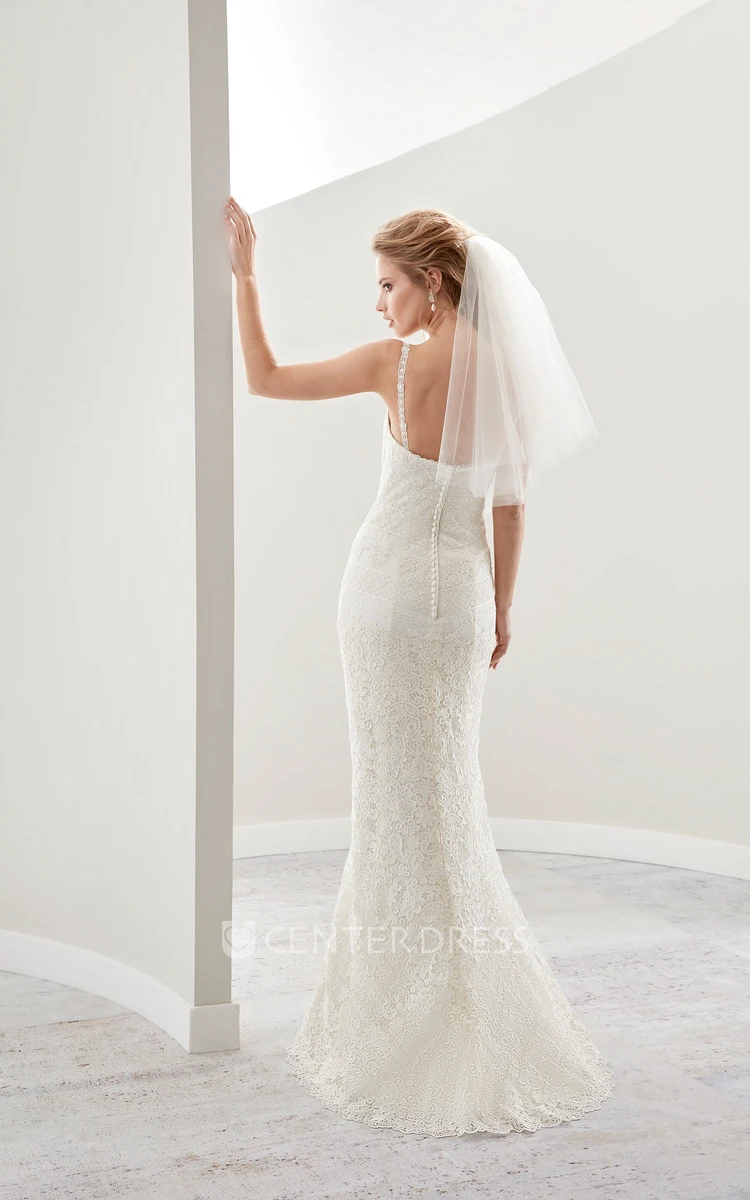 Fine Lace Sheath Bridal Gown With Spaghetti Straps And Low Back