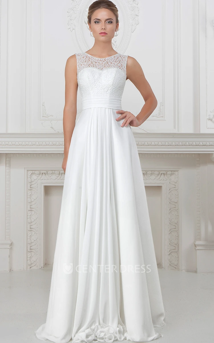 A-Line Sleeveless Long Lace Scoop-Neck Wedding Dress With Pleats
