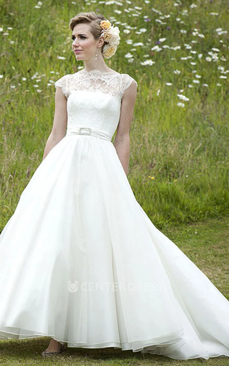 High Neck Maxi Cap-Sleeve Lace Chiffon Wedding Dress