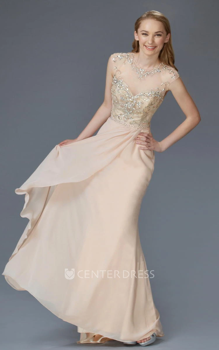 Sheath Jewel-Neck Cap-Sleeve Chiffon Illusion Dress With Beading And Lace