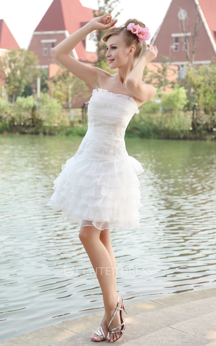 Romantic Strapless Sleevelss Short Organza Wedding Gown With Layered Ruffles