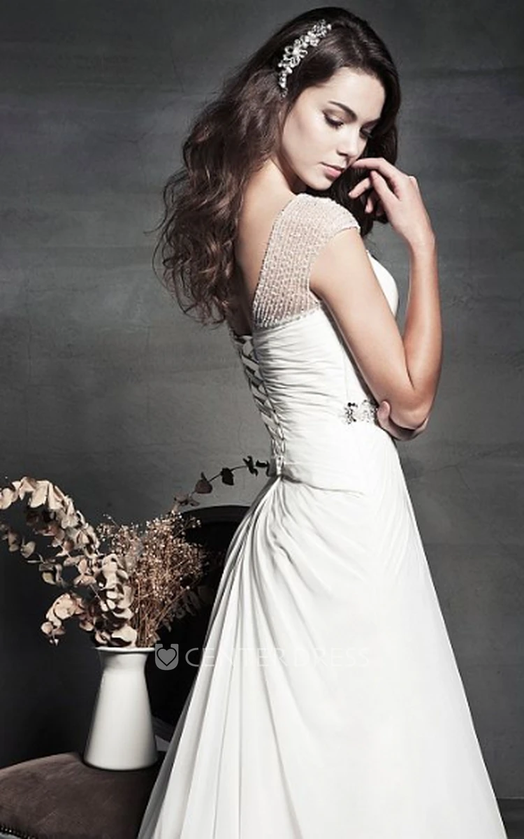 Beaded Cap-Sleeve V-Neck Chiffon Wedding Dress With Waist Jewellery And Criss Cross