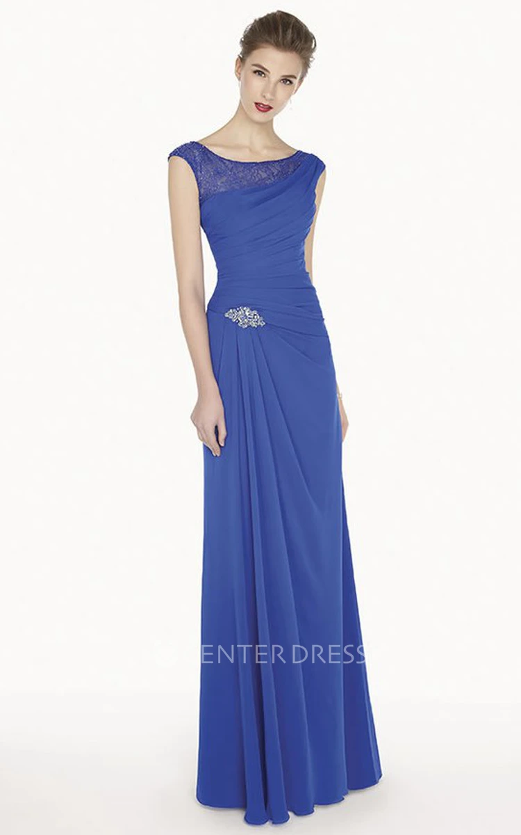 Cap Sleeve A-Line Chiffon Long Prom Dress With Crystal And Lace Neckline