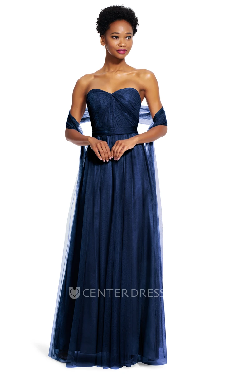 A-Line Long Ruched Strapped Sleeveless Tulle Bridesmaid Dress With Sash
