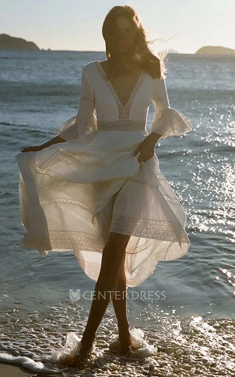 Ethereal Lace Sheath V-neck Floor Length Wedding Dress with Poet Sleeve