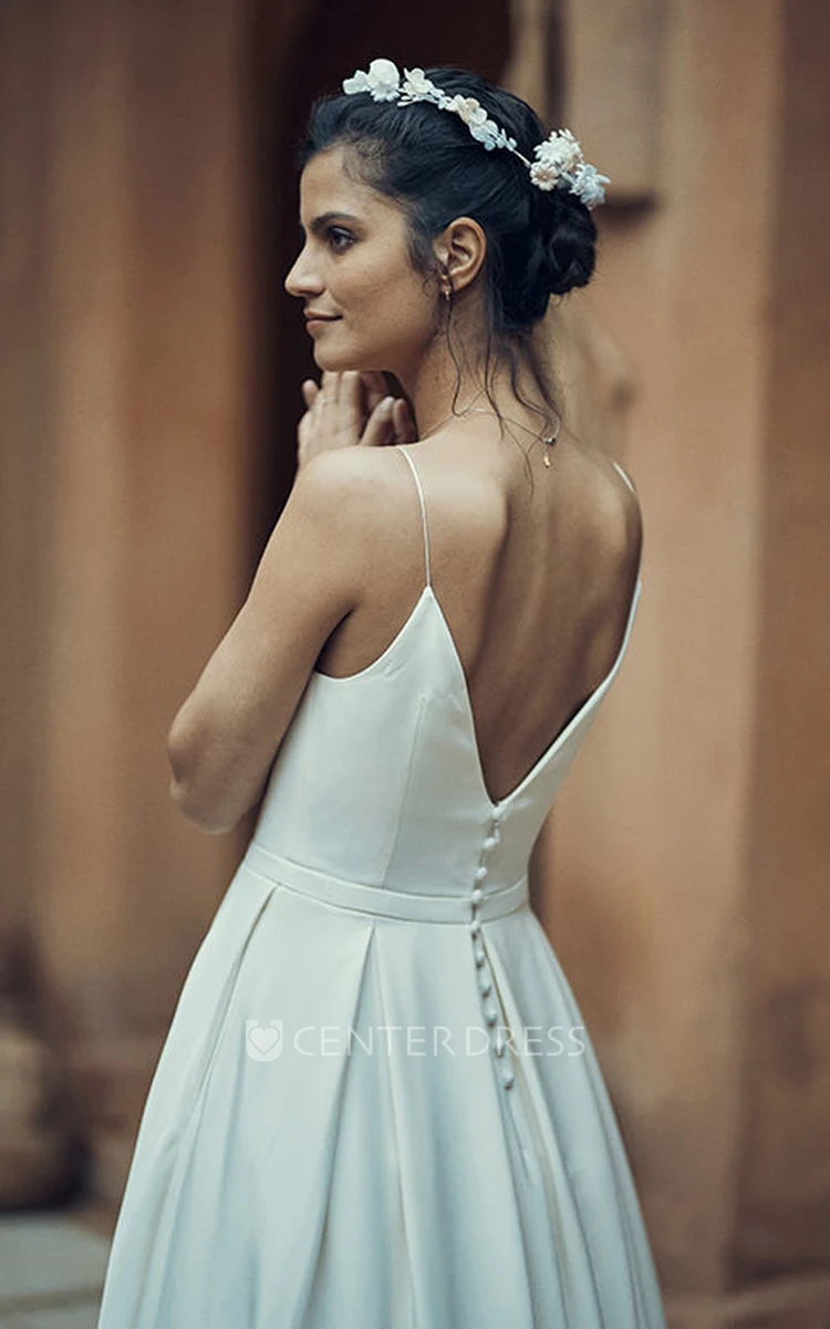 Sexy Chiffon Spaghetti Ankle-Length Bridal Gown with Pocket and Deep-V Back