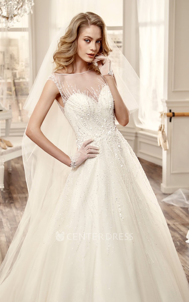 Sweetheart Illusion A Line Wedding Dress With Brush Train And Puffed Tulle Skirt