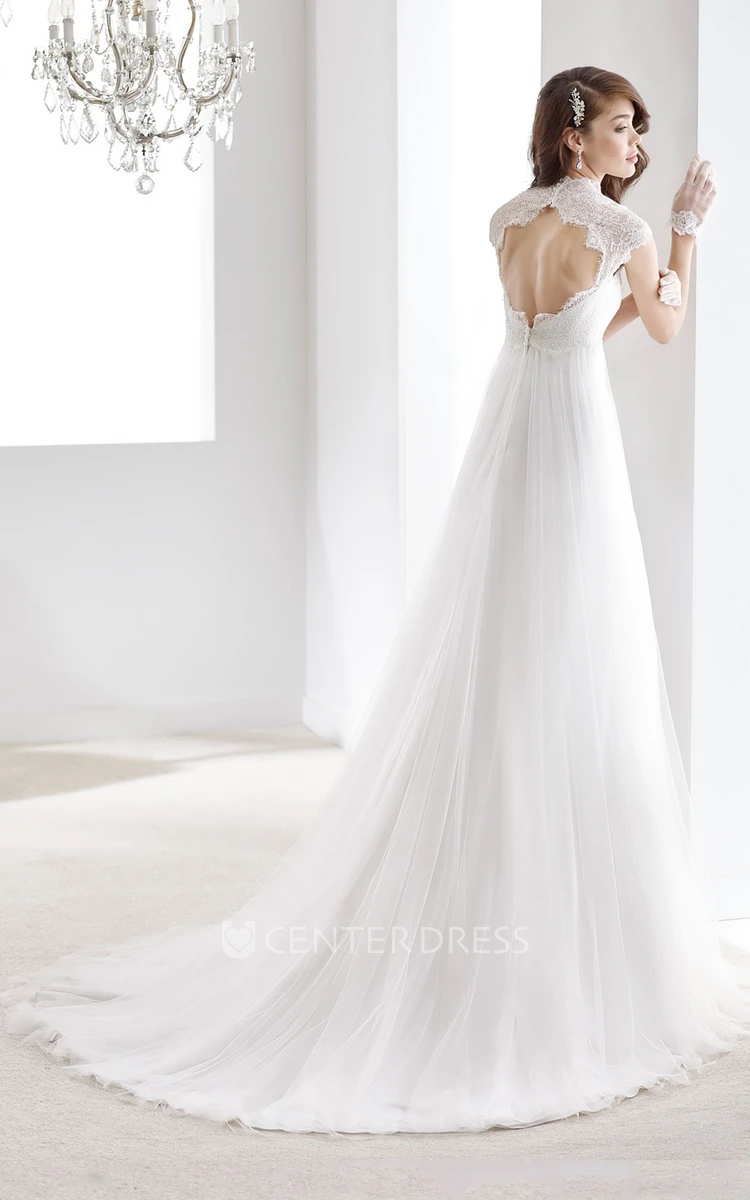 Cap Sleeve Draping Bridal Gown With Queen-Anna Neckline And Keyhole Back