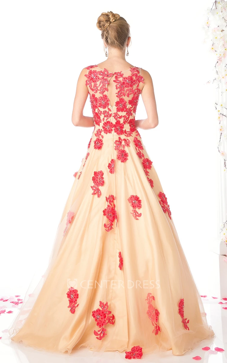 Ball Gown Scoop-Neck Sleeveless Tulle Satin Illusion Dress With Appliques