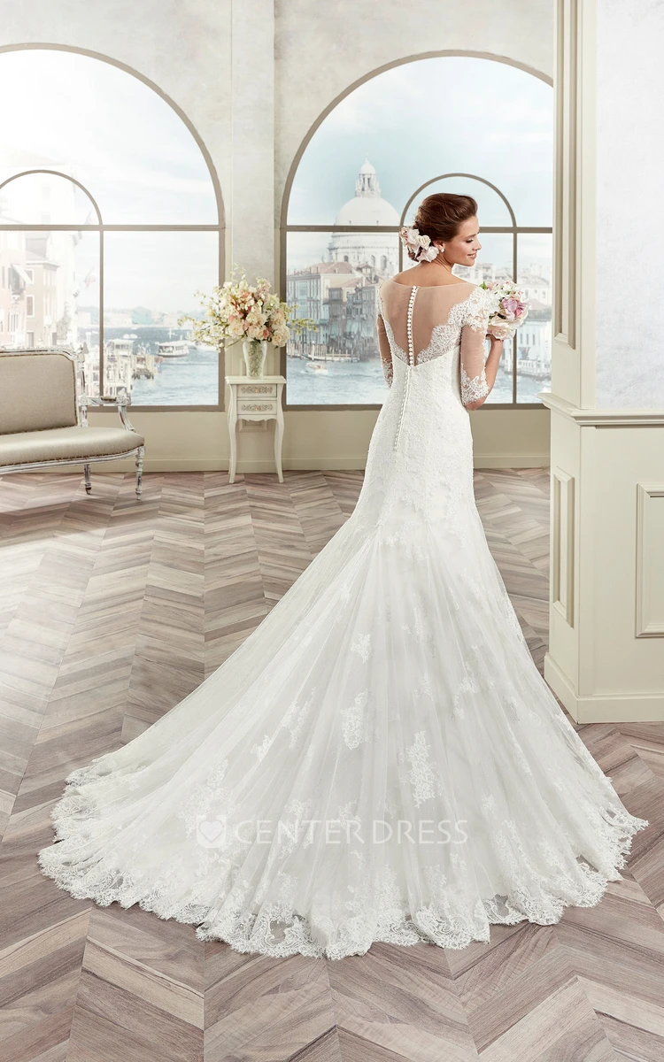 Half-sleeve Lace Wedding Dress with Illusive Design and Brush Train