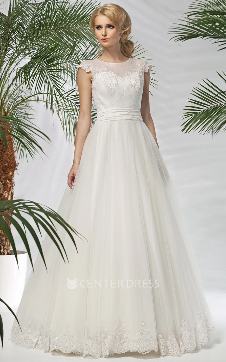 A-Line Appliqued Scoop-Neck Cap-Sleeve Long Satin&Tulle Wedding Dress