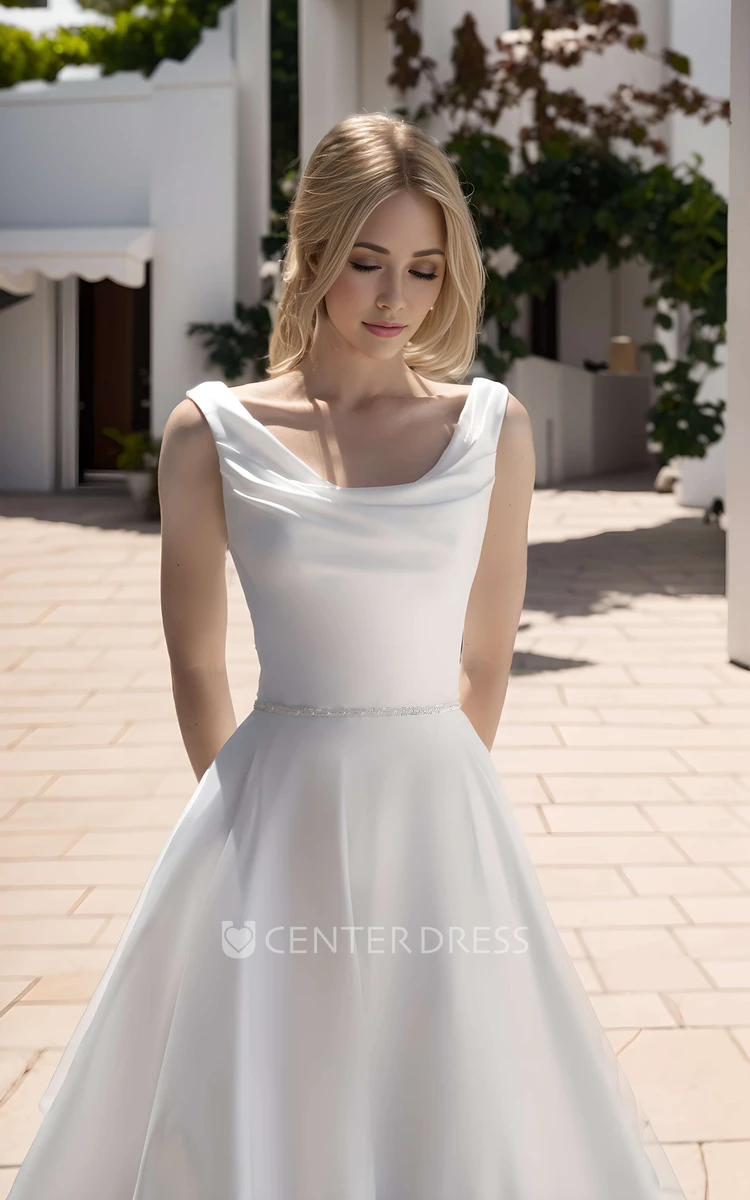 Modern A-Line Simple Satin Wedding Dress Sleeveless Solid Scoop Neck Gown with Train