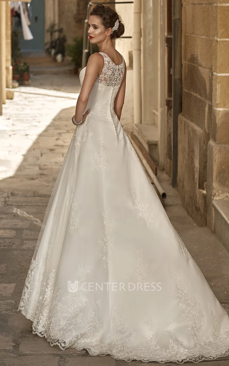 A-Line Sleeveless Scoop-Neck Long Appliqued Satin&Lace Wedding Dress With Beading