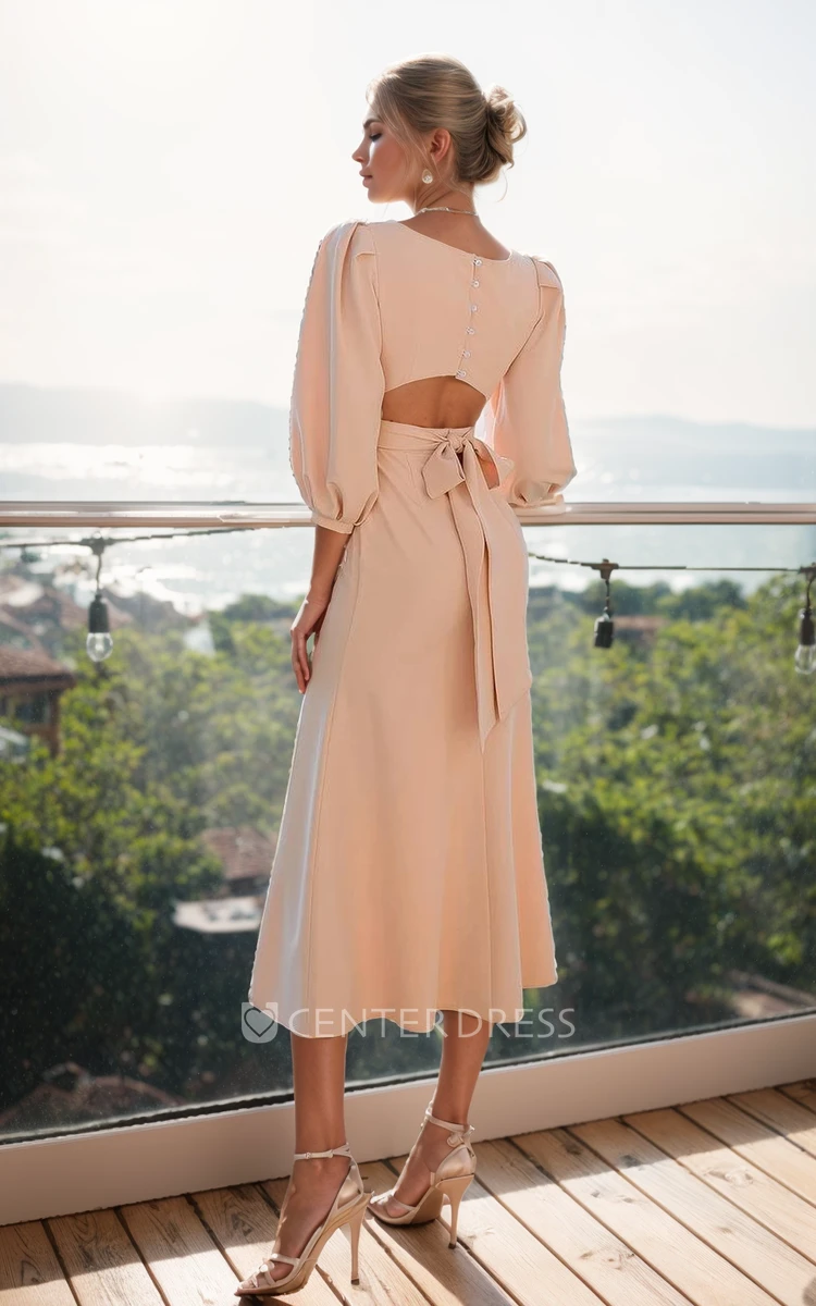 Modest Solid Vintage A-Line Jersey Wedding Dress Backless Bateau Neck Tea-length Long Sleeve Bridal Gown with Button Back Sash