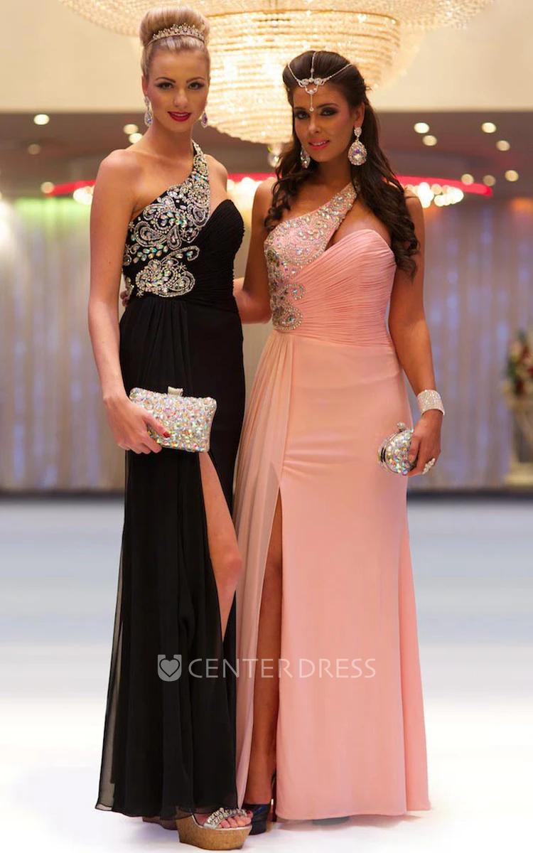 Sheath Sleeveless One-Shoulder Maxi Beaded Chiffon Prom Dress With Ruching And Split Front
