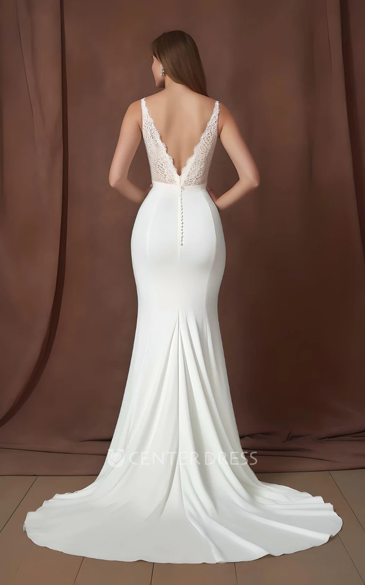 Elegant Mermaid Satin Lace Wedding Dress V-neck Garden Sweep Train 2024