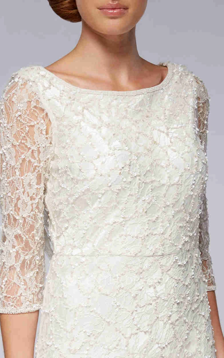 Sheath Scoop-Neck 3-4-Sleeve Lace Wedding Dress