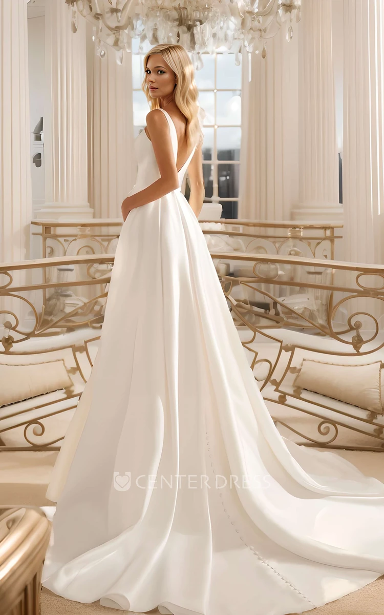 Modern Elegant V-Neck A-Line Split Front Wedding Dress Solid Elegant Side Slit Satin Court Train Garden Beach Long Bridal Gown