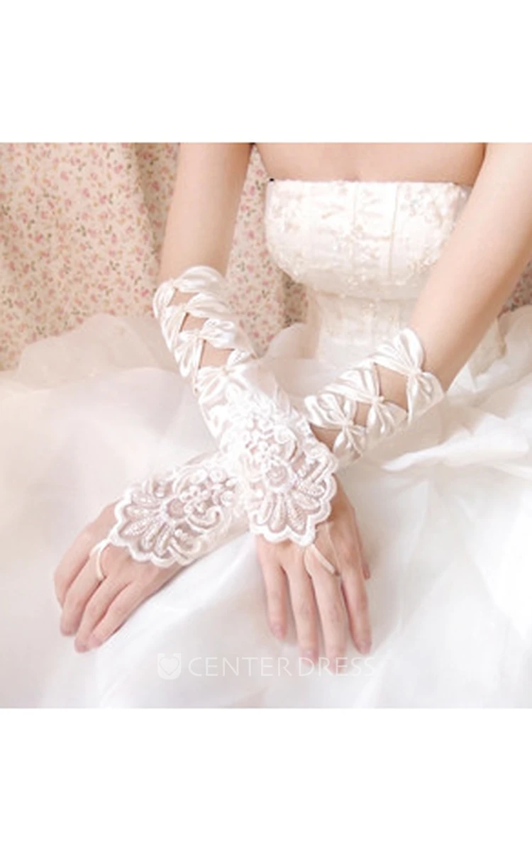 White Bow Beaded Embroidery Long Gloves