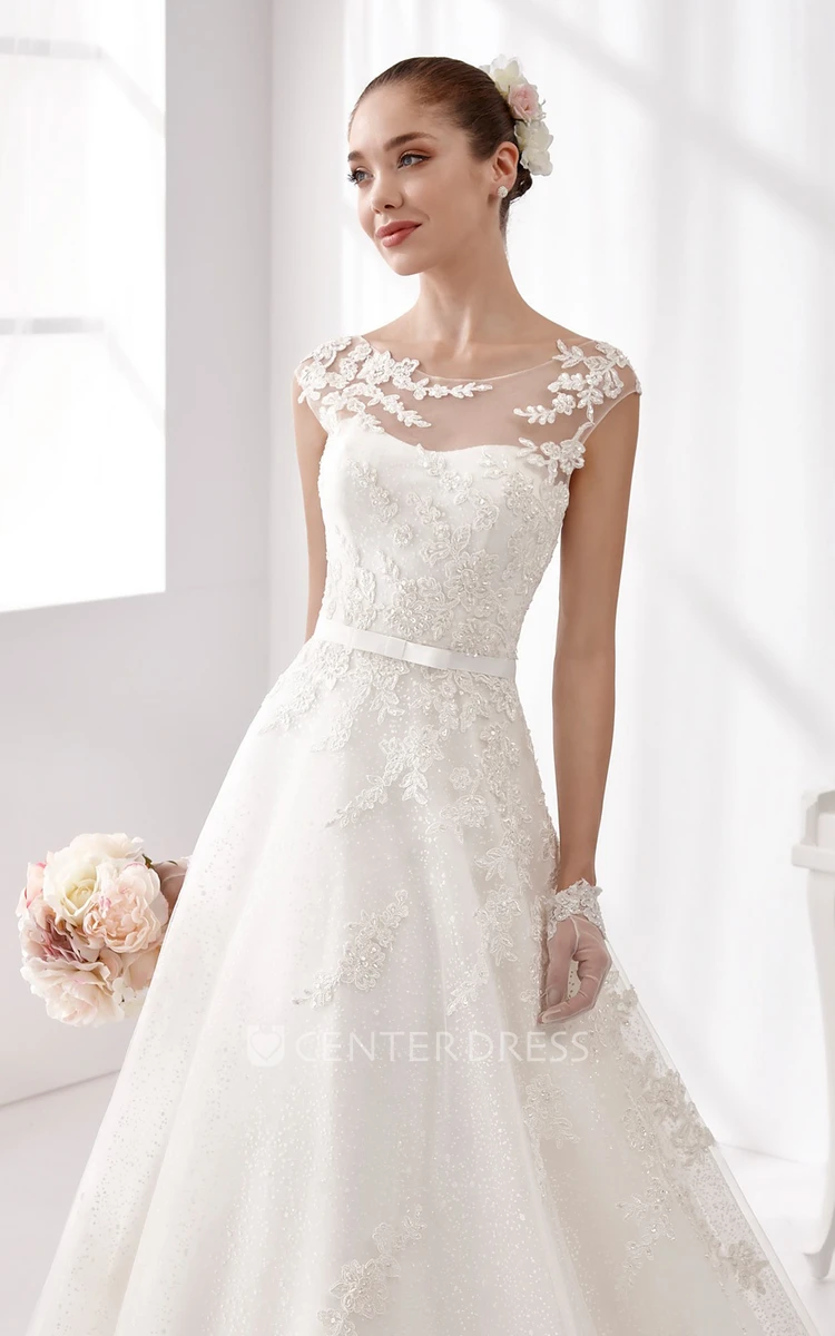 Jewel-neck A-line Wedding Gown with Illusive Neckline and Open Back