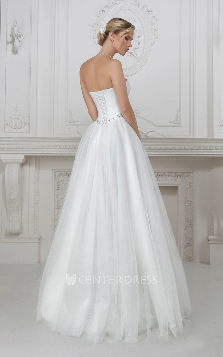 A-Line Strapless Beaded Sleeveless Maxi Tulle Wedding Dress With Ruching