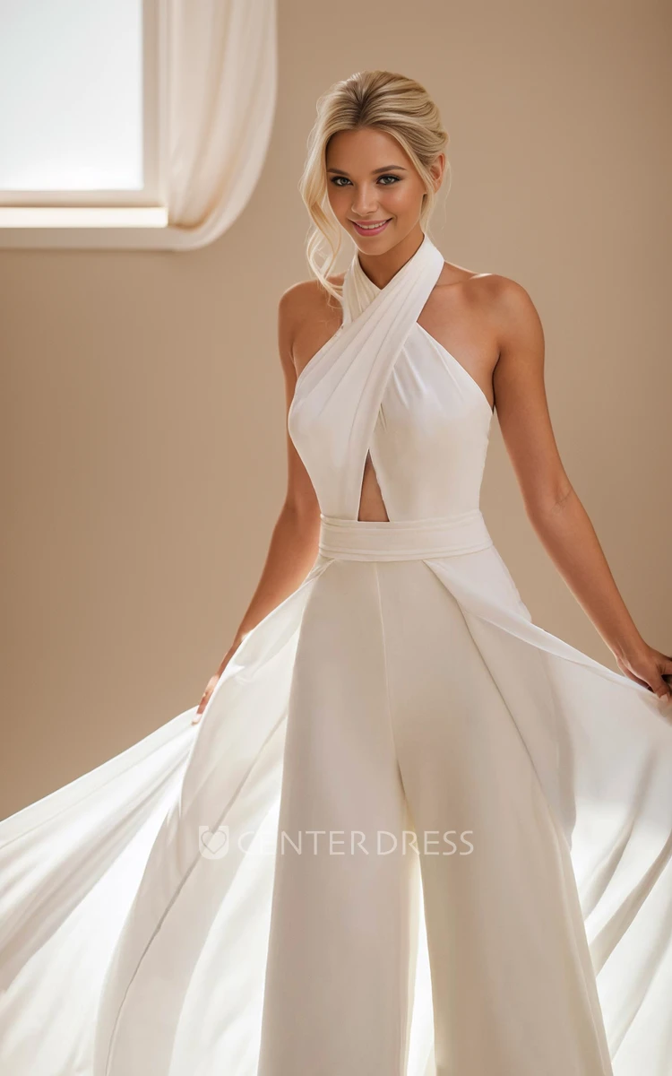 Simple Modern Jumpsuit Halter Neckline A-Line Wedding Dress Chic Sexy Detachable Train Reception Bridal Gown